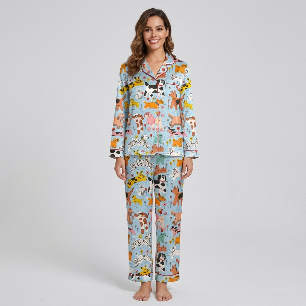 Women's satin pajama set with wobbly colorful dogs among flowers and bones on sky blue - long sleeve and pants
