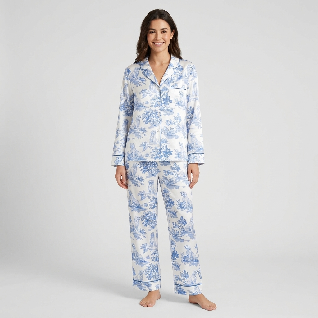 Women's satin pajama set with golden retrievers in a blue toile of trees and hills on white - long sleeve and pants