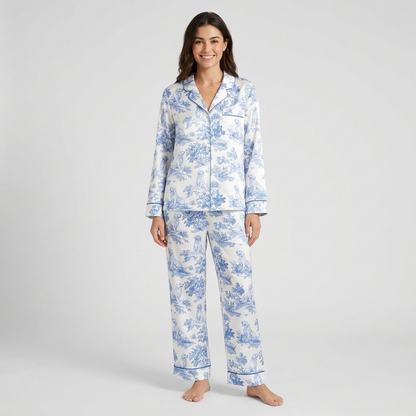Women's satin pajama set with golden retrievers in a blue toile of trees and hills on white - long sleeve and pants