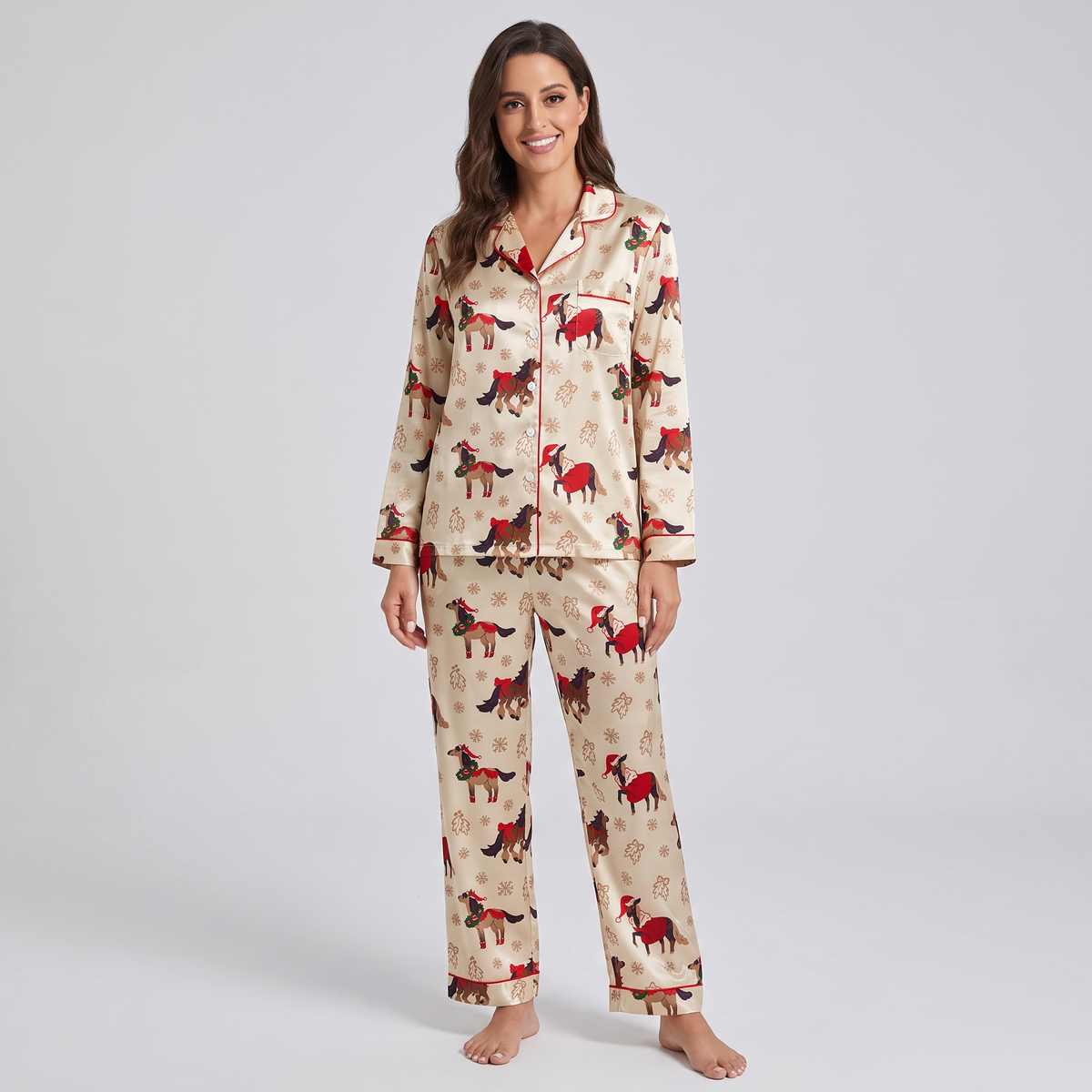 Retro Christmas Ponies Women's Pajama Set - long sleeve and pants