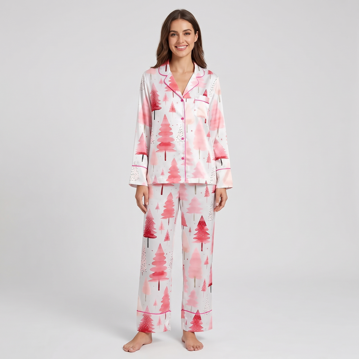 Pink Watercolor Trees Women's Pajama Set - long sleeve and pants