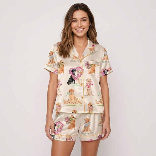 Women's satin pajama set with golden retrievers and a black Lab holding pink roses in flower hearts on cream - short sleeve and shorts