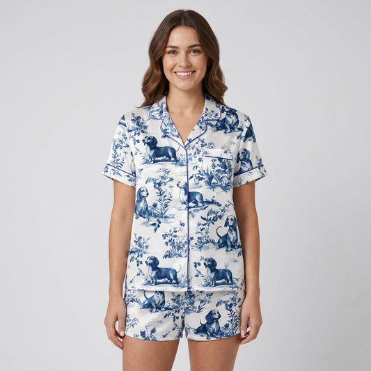 Women's satin pajama set with navy dachshunds in a leafy blossom toile on white - short sleeve and shorts