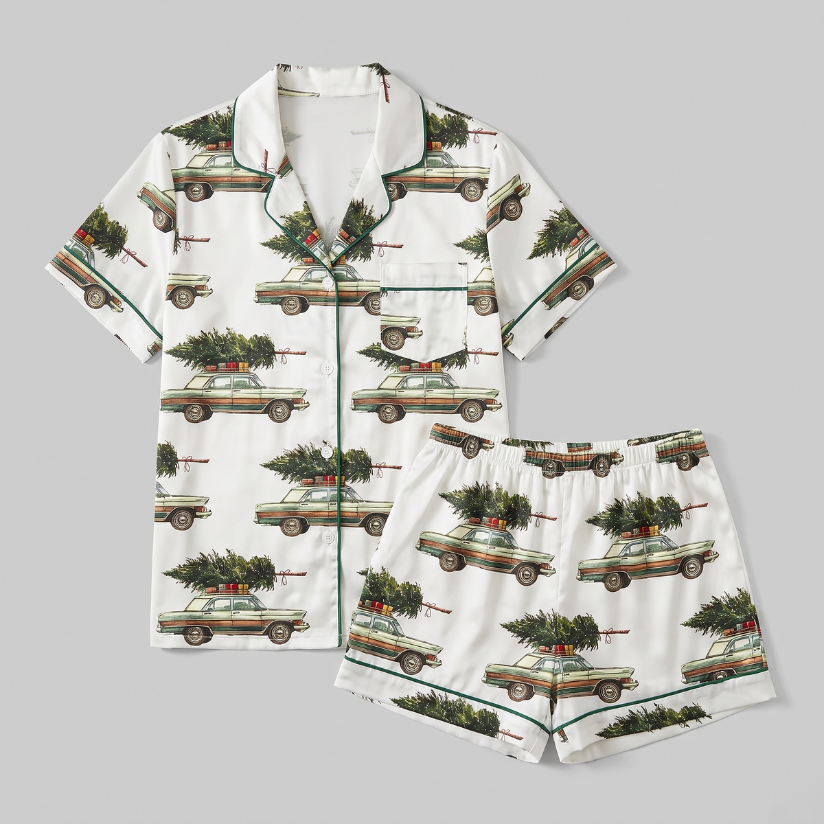 Tree Farm Station Wagon Women's Pajama Set - flat lay