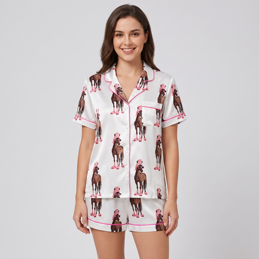 Pink Beanie Shades Horses Women's Pajama Set - short sleeve and shorts