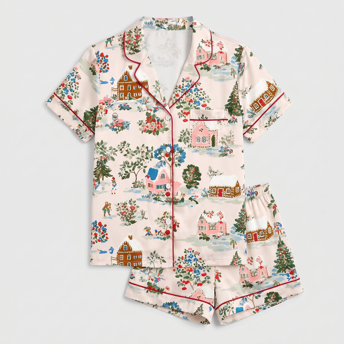 Cottage Christmas Village Women's Pajama Set - flat lay
