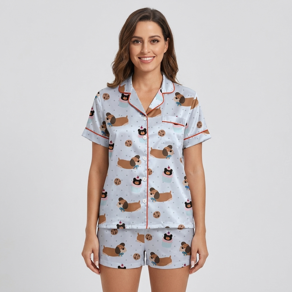 Dachshund Cookies and Cupcakes Women's Pajama Set - Blue short sleeve and shorts