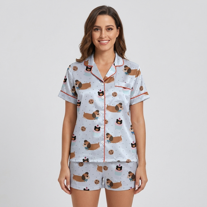 Dachshund Cookies and Cupcakes Women's Pajama Set - Blue short sleeve and shorts