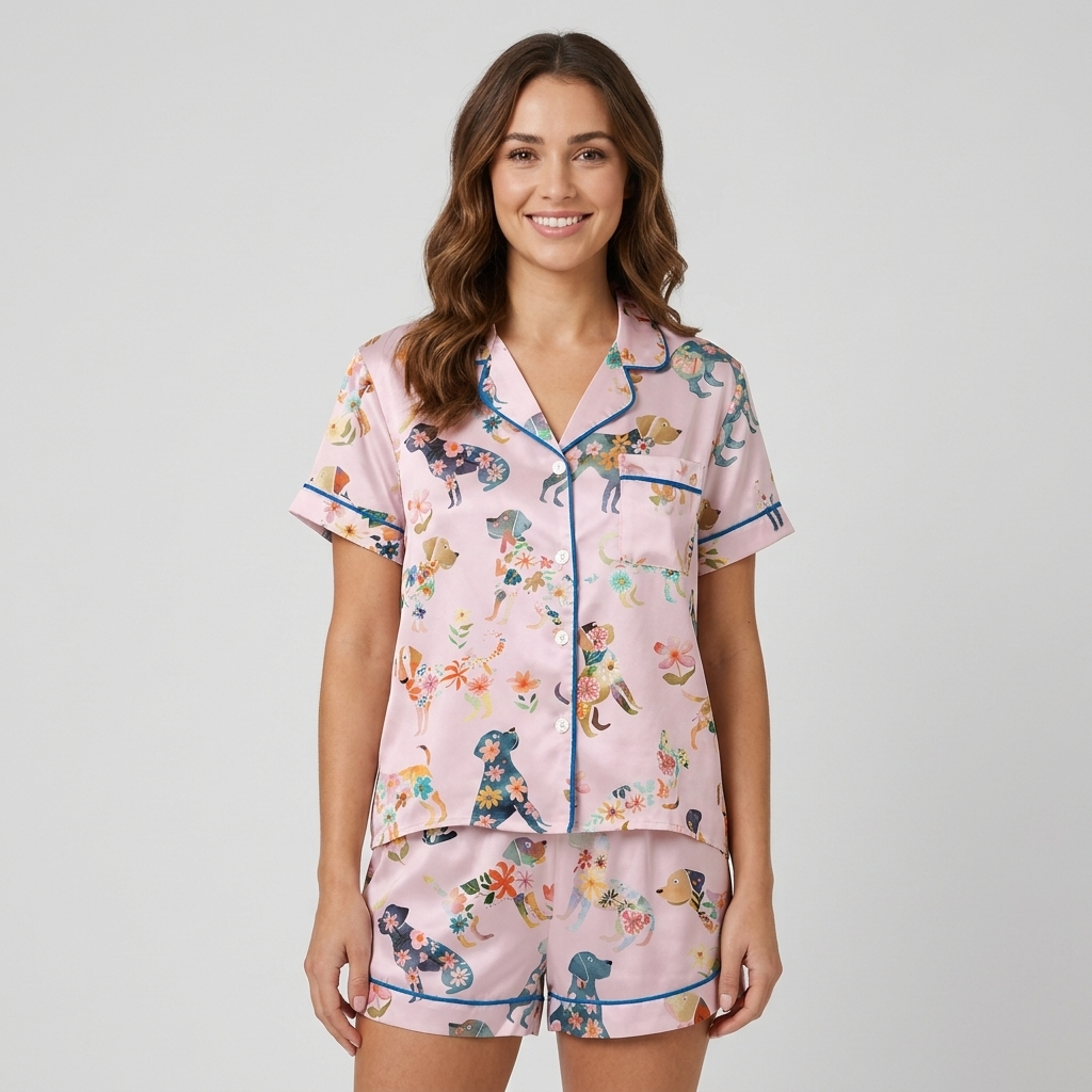 Floral Silhouette Dogs Women's Pajama Set - Pink short sleeve and shorts