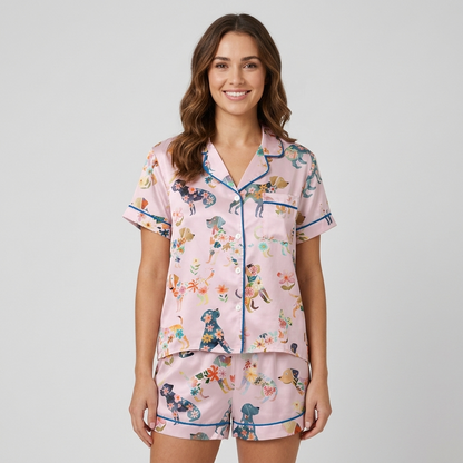 Floral Silhouette Dogs Women's Pajama Set - Pink short sleeve and shorts