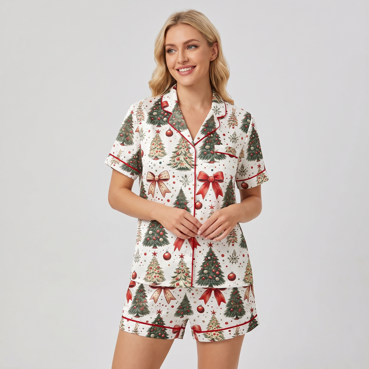 Trees & Red Bows Women's Pajama Set - short sleeve and shorts