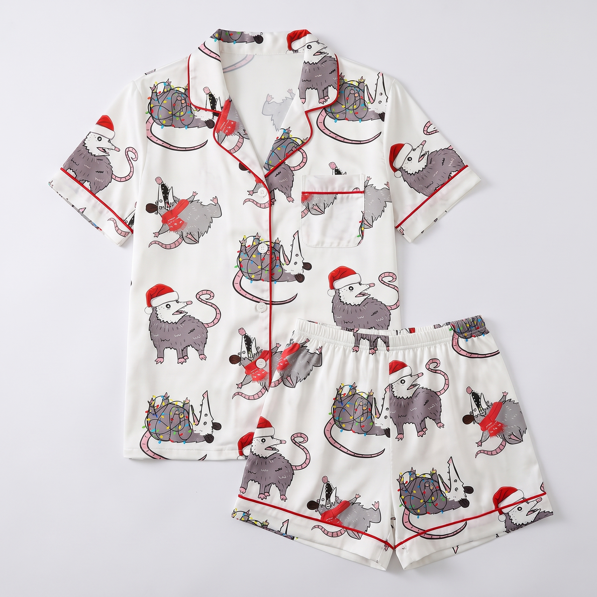 Overstimulated But Festive Possum Women's Pajama Set - flat lay