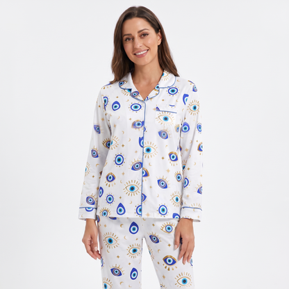 Lucky Evil Eye Women's Pajama Set - White - long sleeve and pants