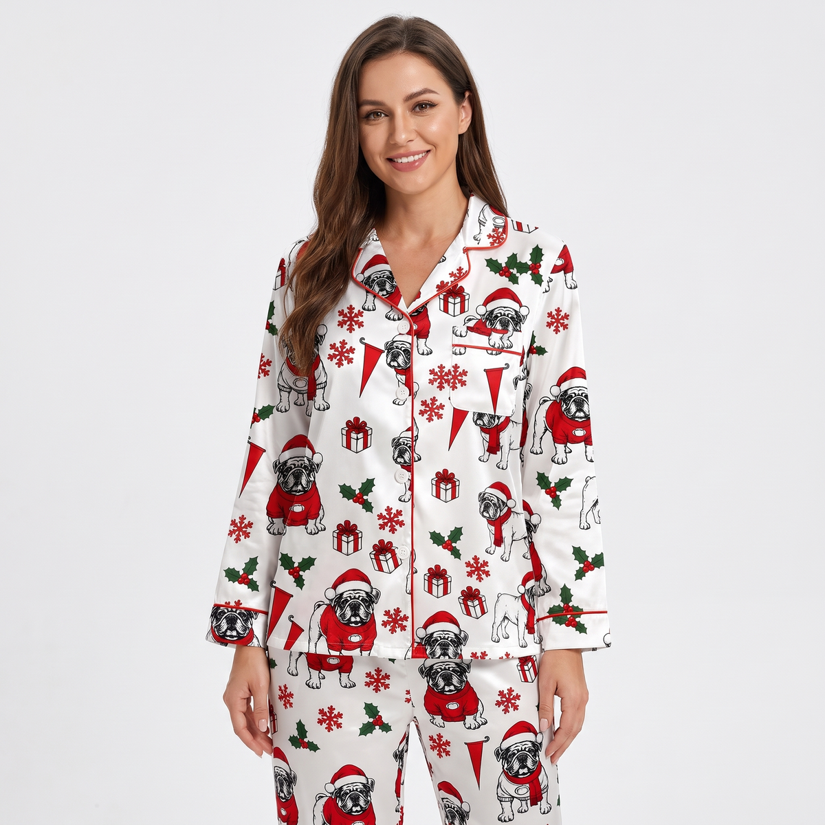 Santa Bulldog Women's Pajama Set - long sleeve and pants