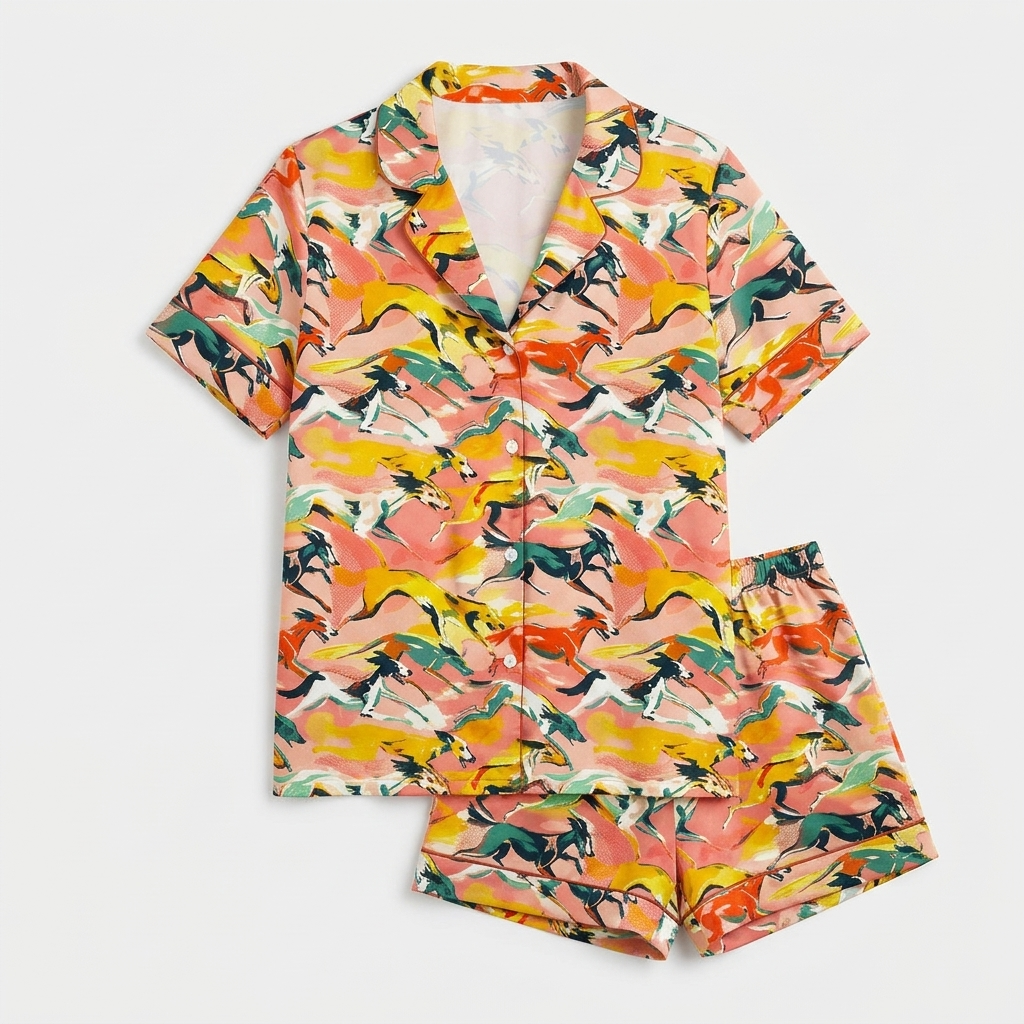 Women's satin pajama set with racing greyhounds in a retro swirl of coral, mustard, blush and green - flat lay