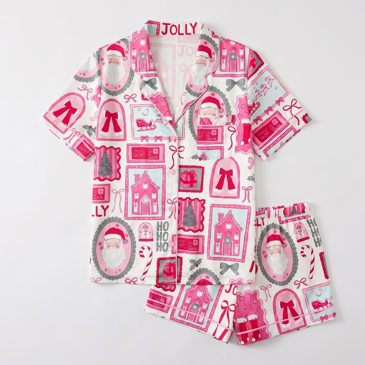Jolly Pink Postcards Women's Pajama Set - flat lay