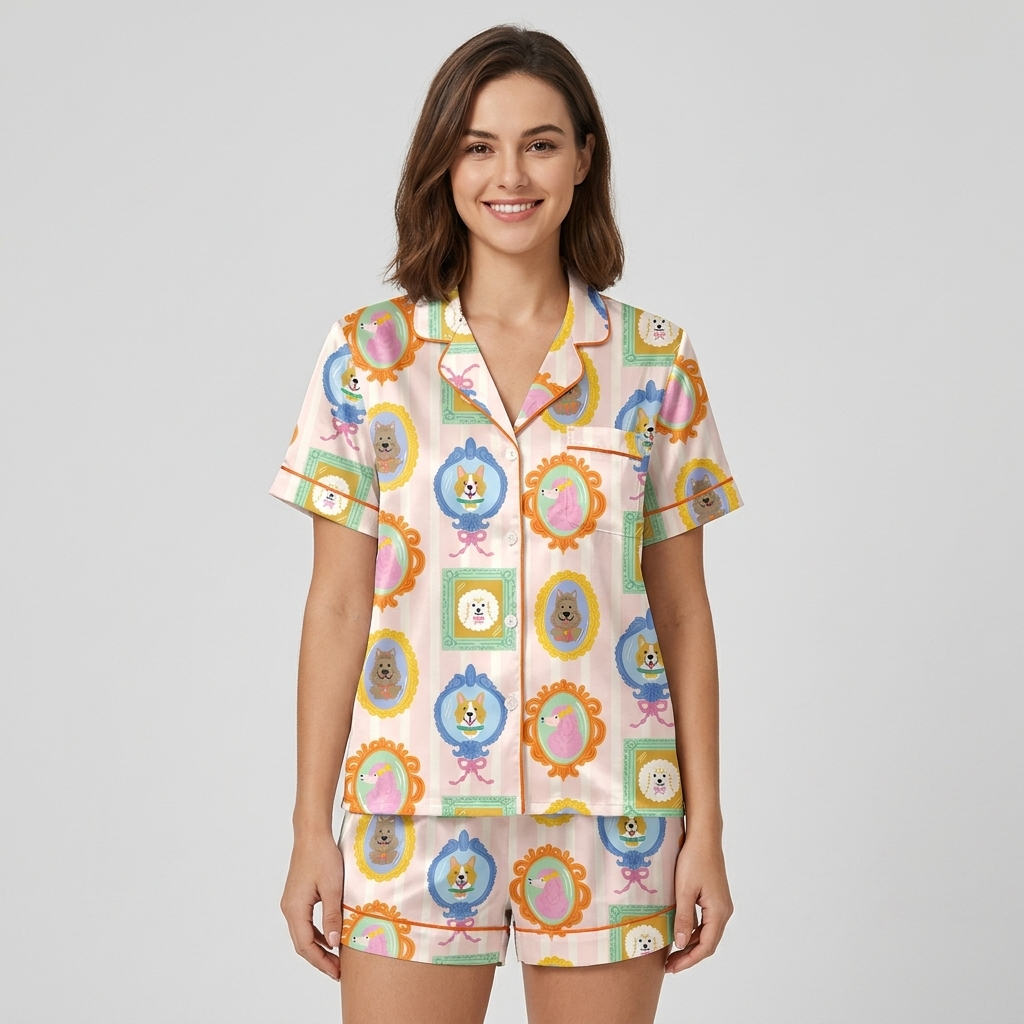 Women's satin pajama set with corgis and poodles in ornate frames on candy-striped blush pink - short sleeve and shorts