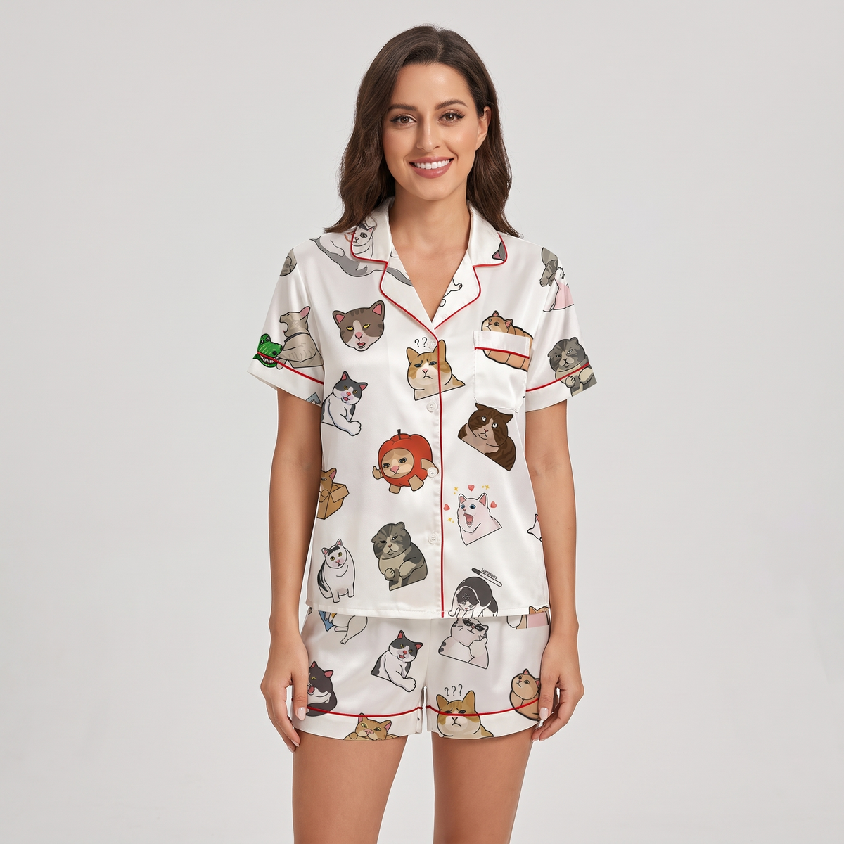Funny Face Cats Women's Pajama Set - short sleeve and shorts