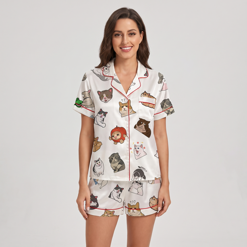 Funny Face Cats Women's Pajama Set - short sleeve and shorts