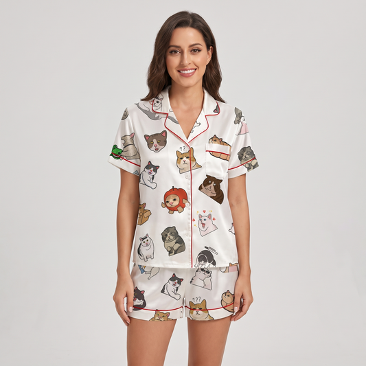 Funny Face Cats Women's Pajama Set - short sleeve and shorts
