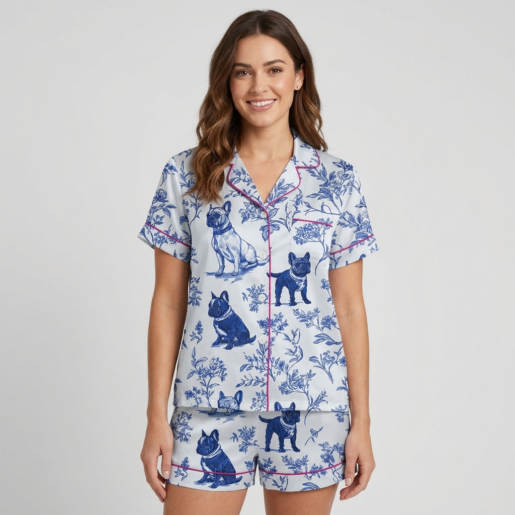 Women's satin pajama set with French bulldogs among blue botanical sprigs in toile on white with hot pink piping - short sleeve and shorts