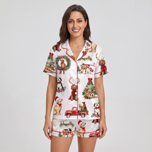 Christmas Pups & Wreaths Women's Pajama Set - short sleeve and shorts