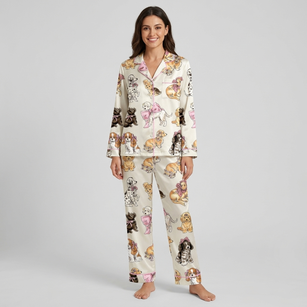 Women's satin pajama set with cavalier spaniels, goldens and a Scottie in big pink bows on white - long sleeve and pants
