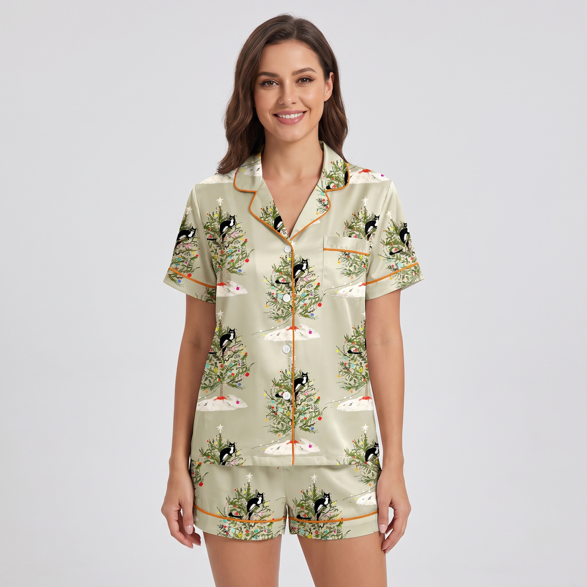 Cats In The Christmas Tree Women's Pajama Set - short sleeve and shorts