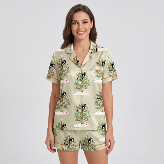Cats In The Christmas Tree Women's Pajama Set - short sleeve and shorts