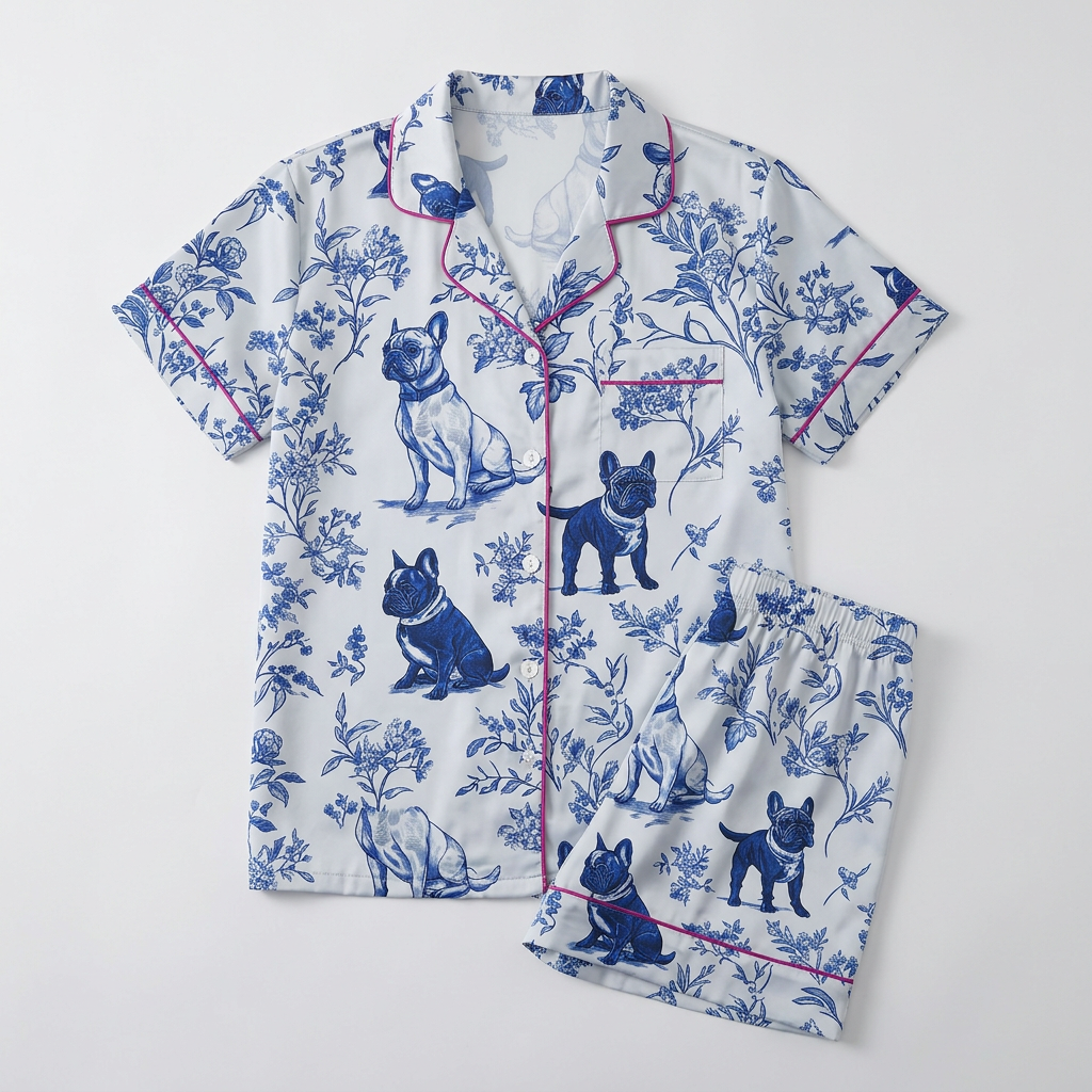 Women's satin pajama set with French bulldogs among blue botanical sprigs in toile on white with hot pink piping - flat lay