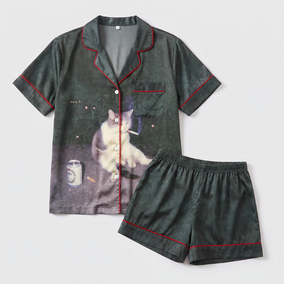 Midnight Lounge Cat Women's Pajama Set - flat lay