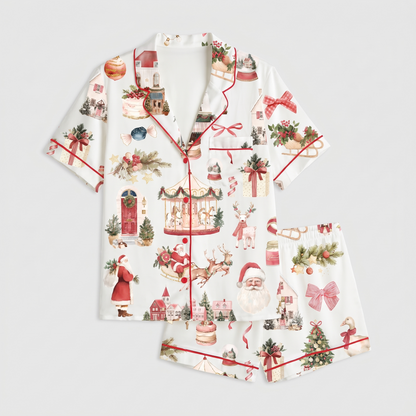 Preppy Santa Watercolor Women's Pajama Set - flat lay