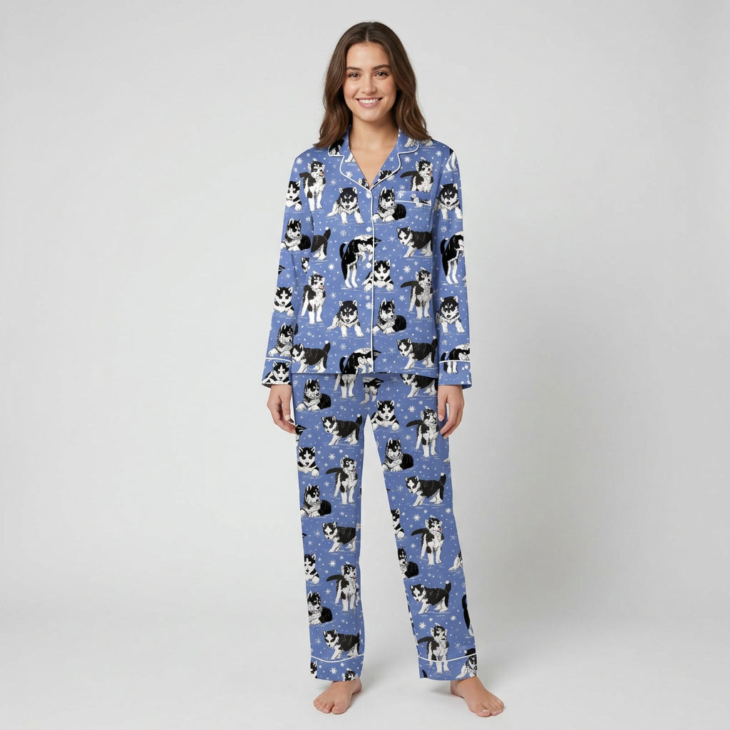 Women's satin pajama set with black-and-white huskies in scarves among snowflakes on periwinkle blue - long sleeve and pants