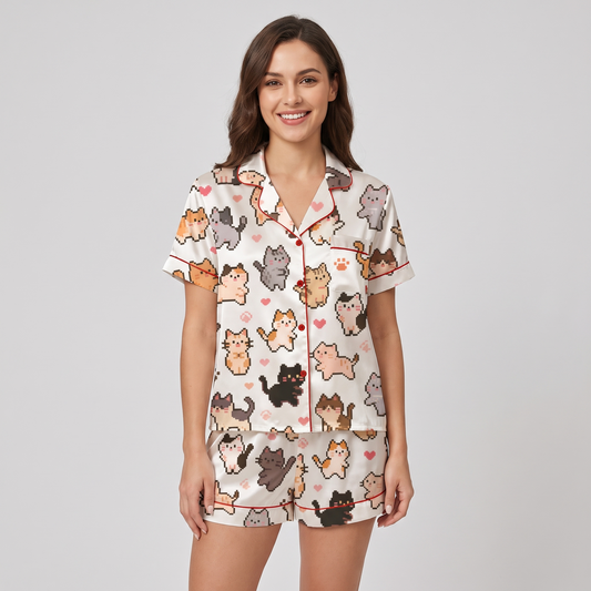 Pixel Cats Women's Pajama Set - short sleeve and shorts