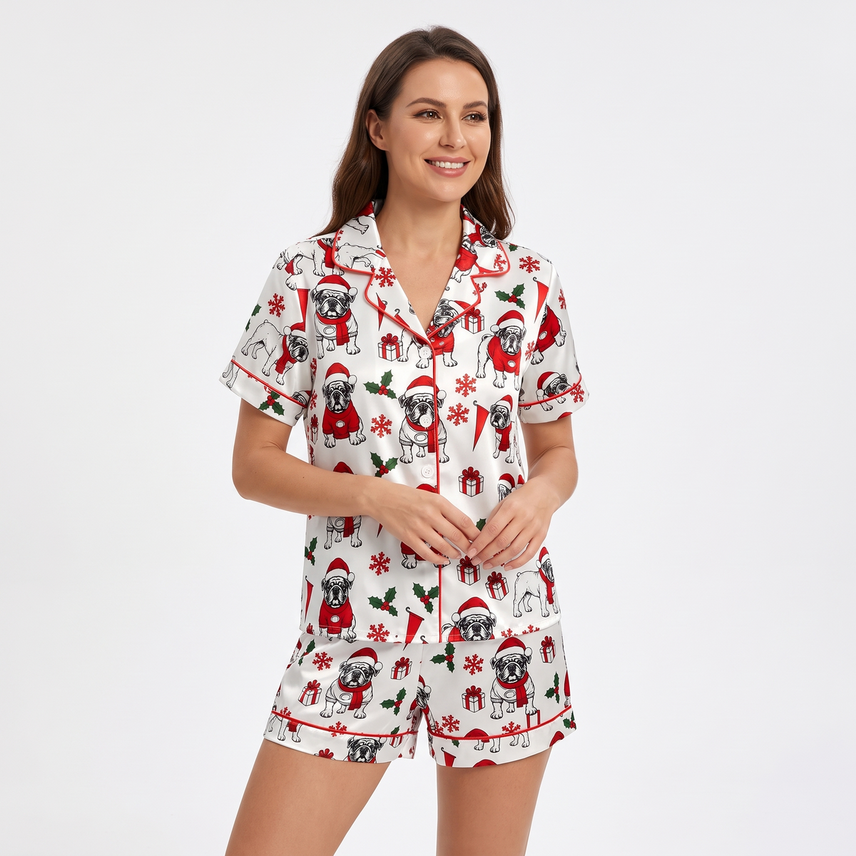 Santa Bulldog Women's Pajama Set - short sleeve and shorts