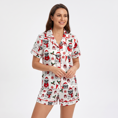 Santa Bulldog Women's Pajama Set - short sleeve and shorts