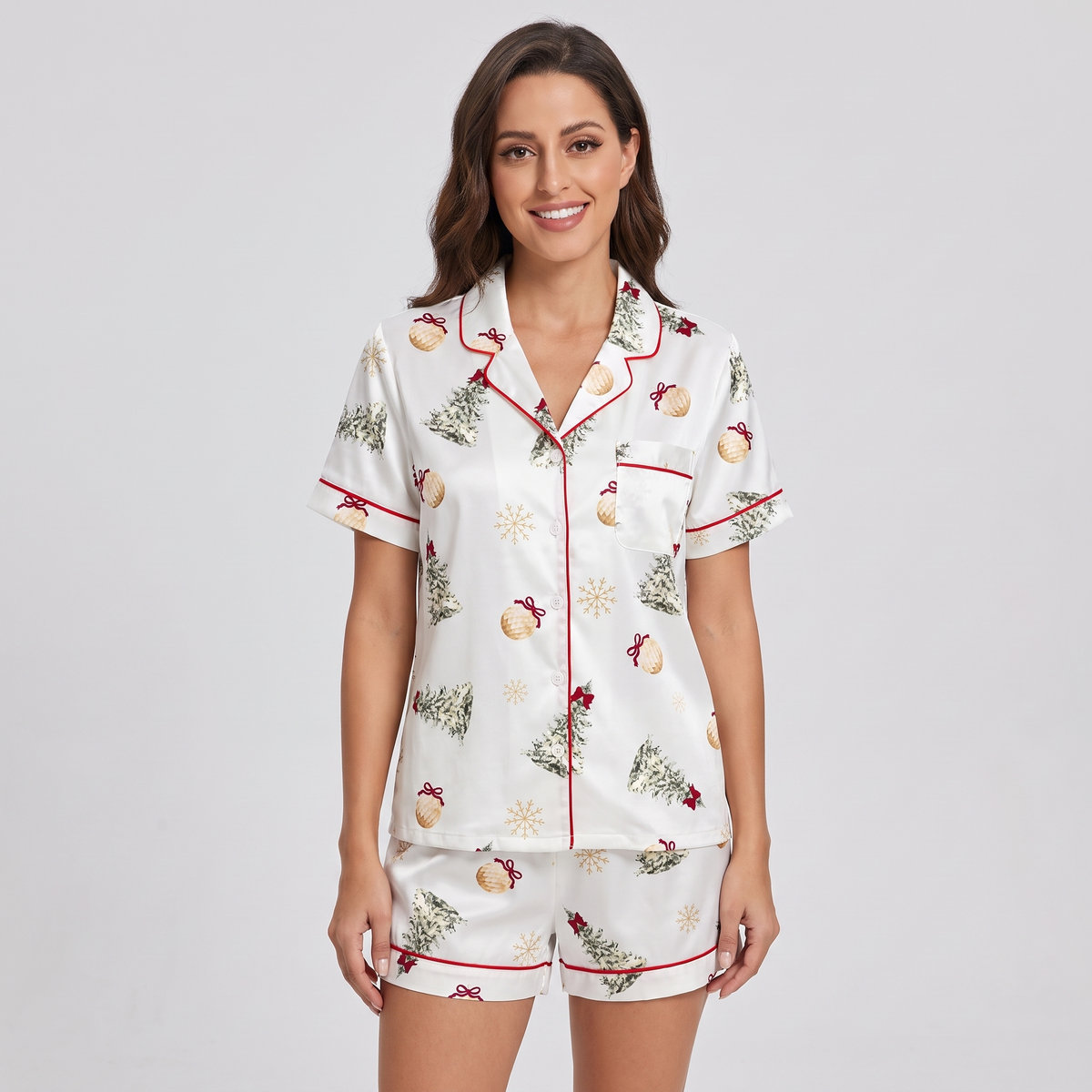 Watercolor Winter Trees Women's Pajama Set - short sleeve and shorts