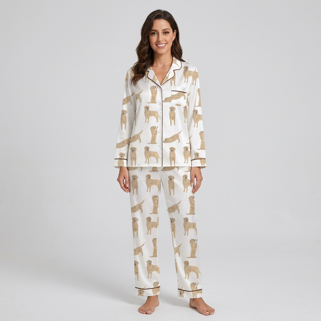 Women's satin pajama set with light golden retrievers standing, sitting and stretching on white - long sleeve and pants