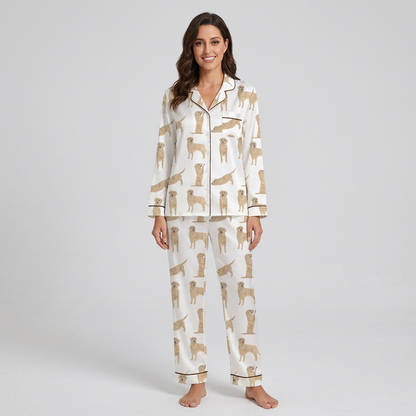 Women's satin pajama set with light golden retrievers standing, sitting and stretching on white - long sleeve and pants