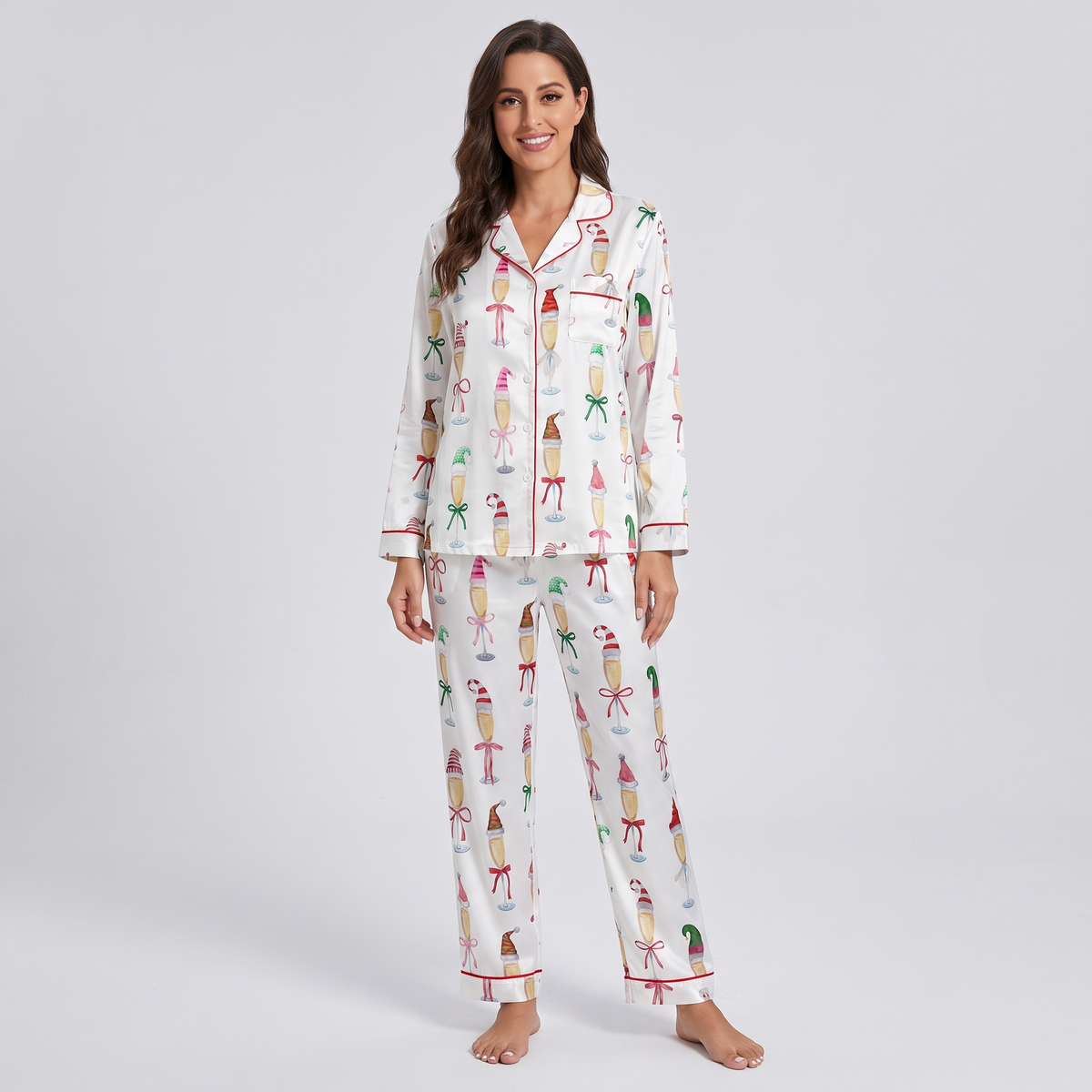 Santa Champagne Flutes Women's Pajama Set - long sleeve and pants