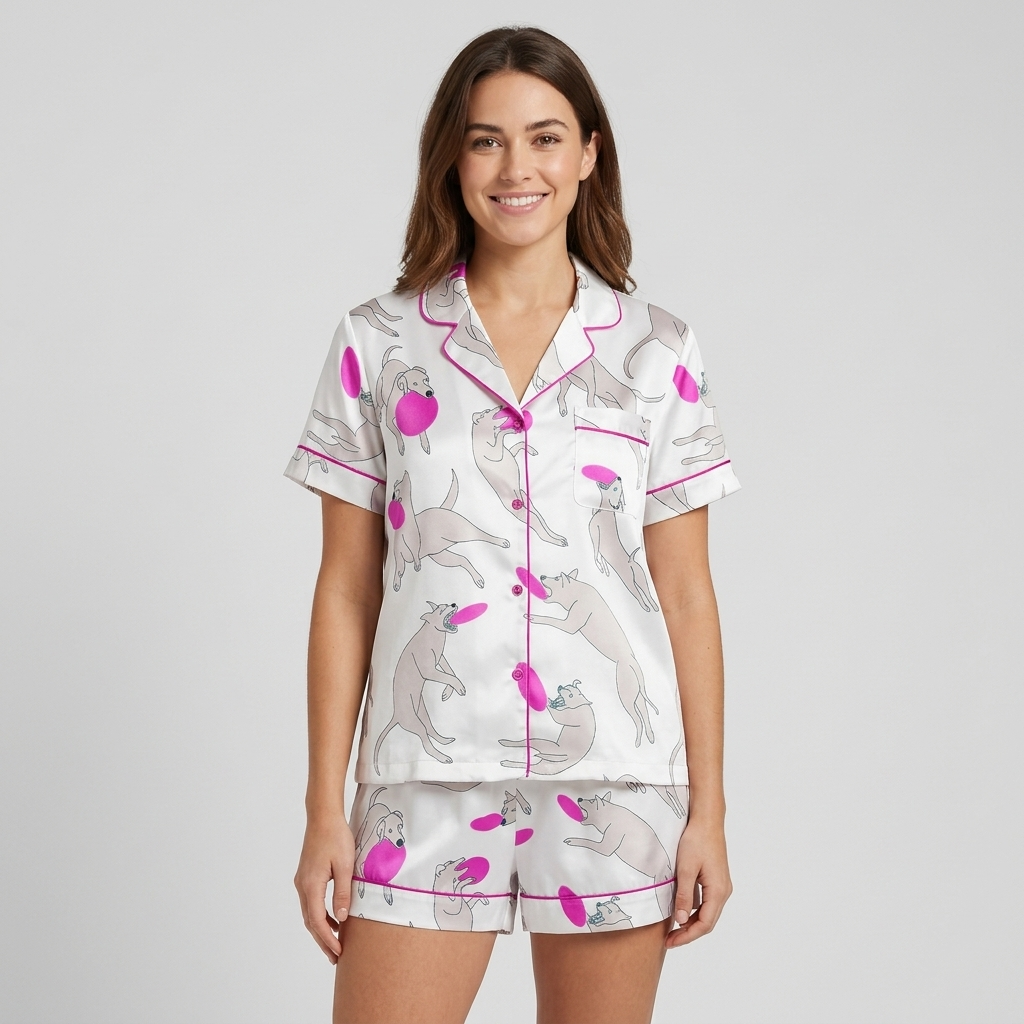 Women's satin pajama set with long-limbed gray dogs leaping for hot pink flying discs on white - short sleeve and shorts