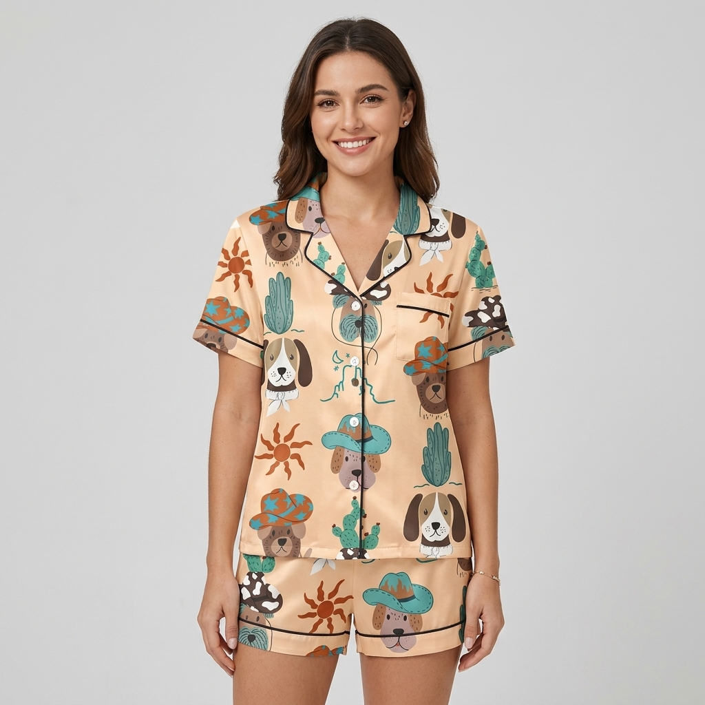 Women's satin pajama set in sand with floppy-eared pups in teal cowboy hats beside cacti and suns - short sleeve and shorts