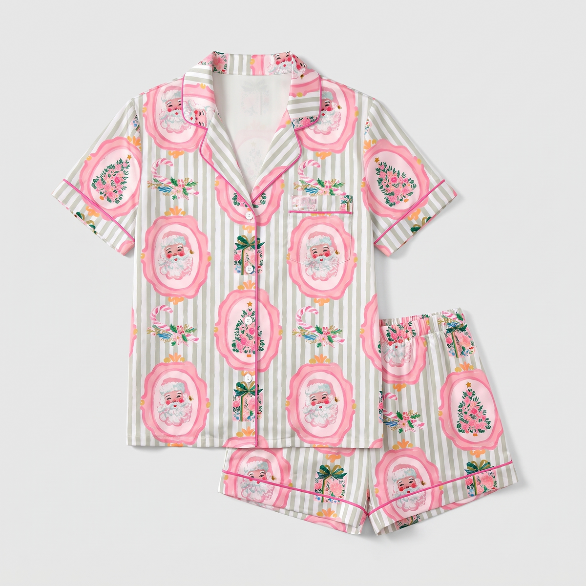 Pink Floral Santa Women's Pajama Set - flat lay