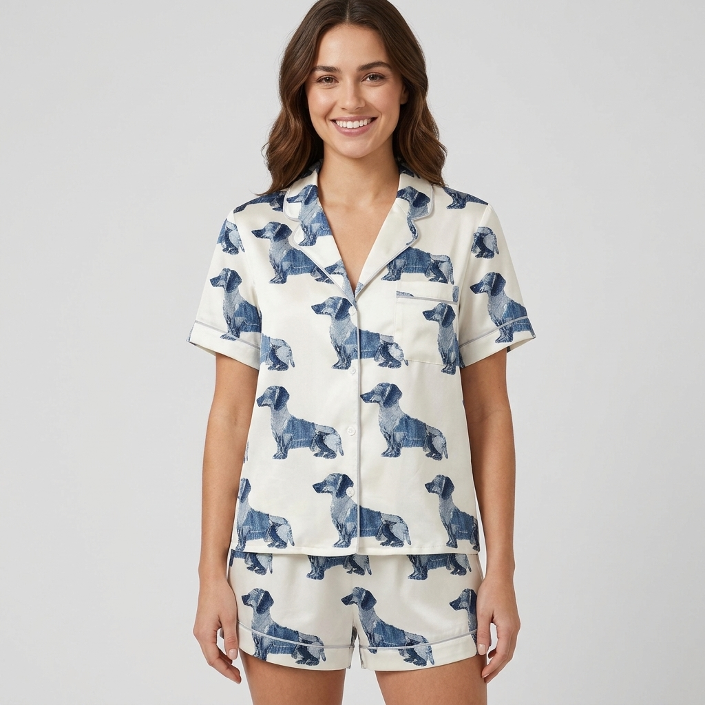 Women's satin pajama set with navy patchwork-style dachshunds in rows on white - short sleeve and shorts