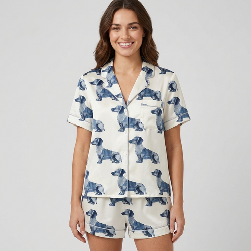 Women's satin pajama set with navy patchwork-style dachshunds in rows on white - short sleeve and shorts