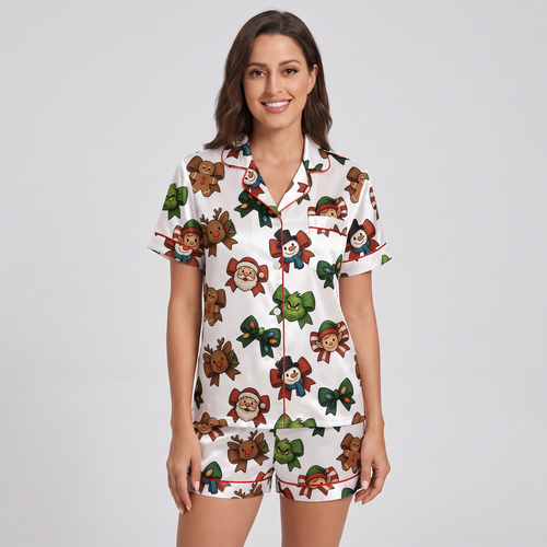Holly Jolly Characters & Bows Women's Pajama Set - short sleeve and shorts