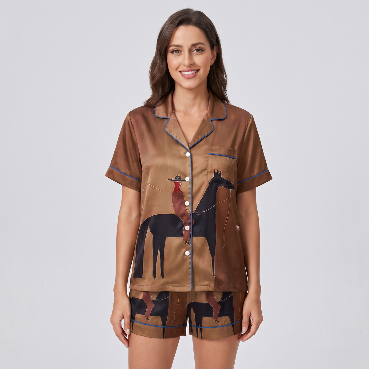 Lasso Rider Brown Horse Women's Pajama Set - short sleeve and shorts