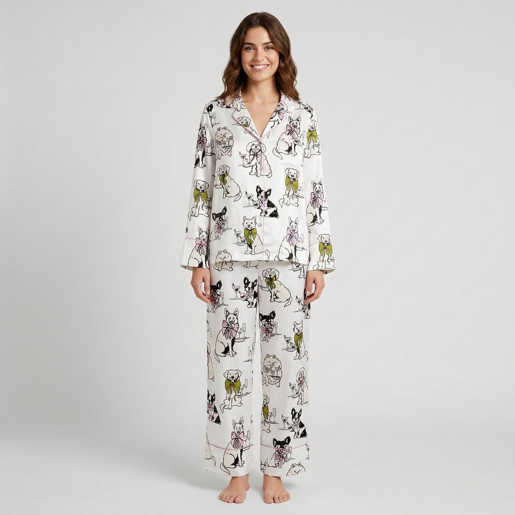 Women's satin pajama set with sketchy black-and-white dogs wearing pink and olive bows on white - long sleeve and pants