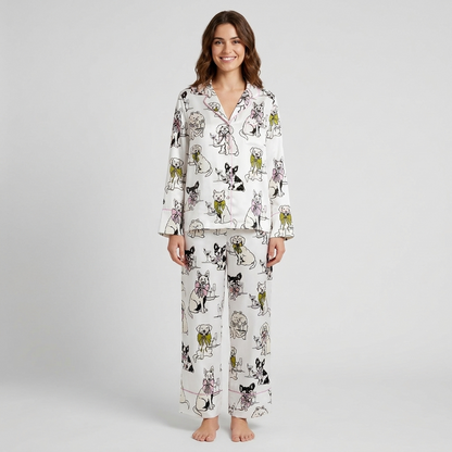 Women's satin pajama set with sketchy black-and-white dogs wearing pink and olive bows on white - long sleeve and pants