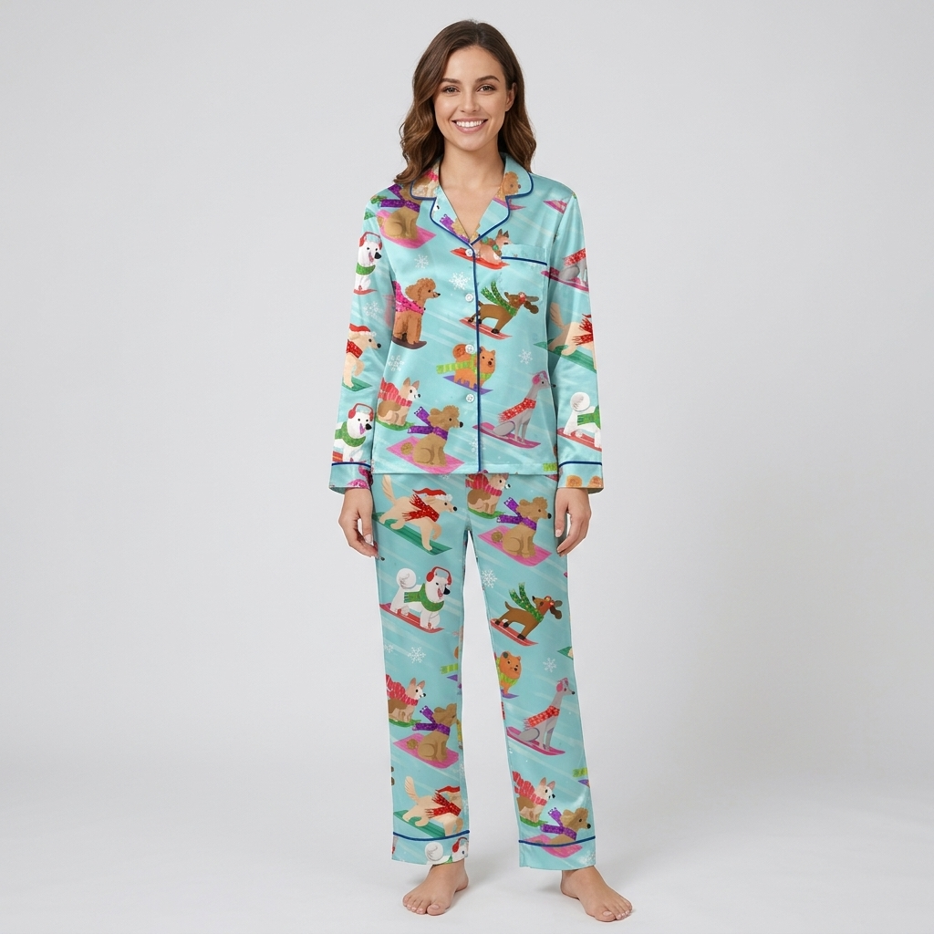 Women's satin pajama set with poodles, retrievers and spaniels sledding in Santa hats on aqua slopes - long sleeve and pants